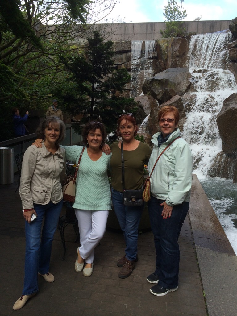 Waterfall park  in downtown Seattle. Peggy Whalen (travel agent), Holly Monroe (instructor), Maria Medeles, Debbie Story)