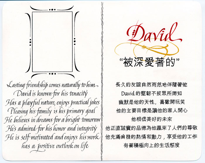 The Meaning of the Name David. Picture frame. English and Chines